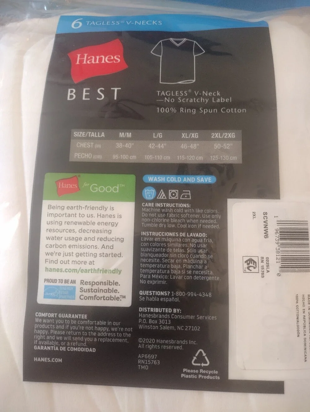 Hanes Men's Comfort Blend 6-Pack V-Neck T-Shirts (White) Size XXL